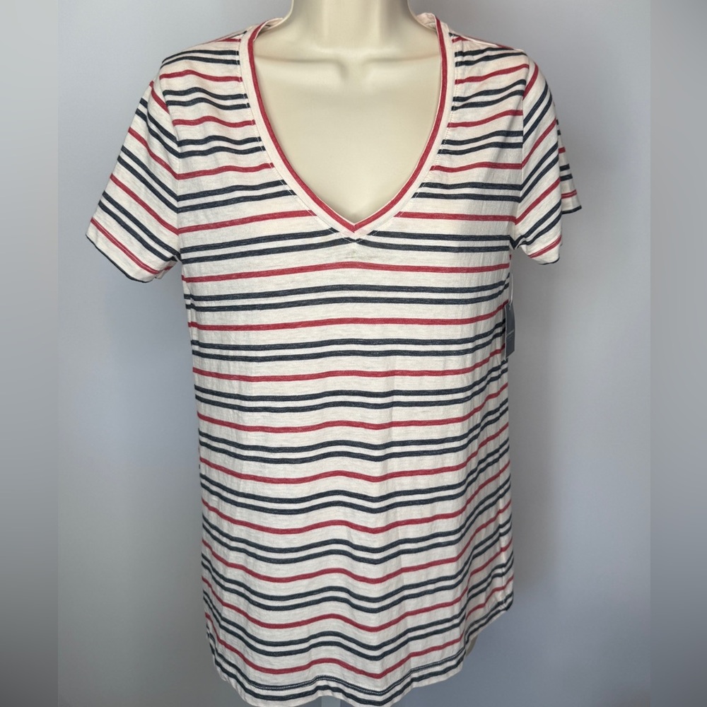 Lucky Brand Red and Blue Striped V-Neck Tee